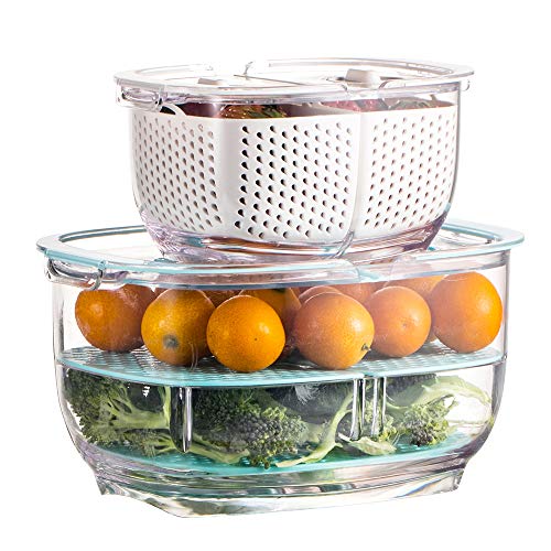 Fresh Fruit Vegetable Storage Container 2-Piece Partitioned Food Storage Container Sets with Vents Lids BPA-Free Veggie Saver Keeper Container for Strawberry berry cherry, 1.9/0.5 Quart