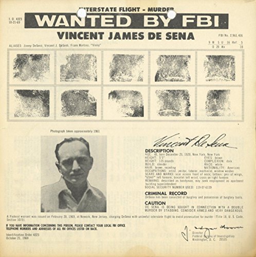 Wanted Notice - Vincent James De Sena/Murder - Interstate Flight - FBI - 1969