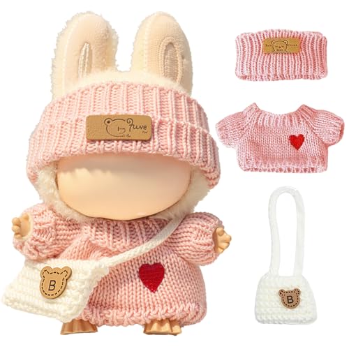 Clothes for LABUBU Doll (NO Doll), 3-Piece Handcrafted Crochet Accessories for LABUBU 17cm Dolls, Premium Outfits for LABUBU Unique Dress up - Heart Sweater + Hat + Bag (Pink)