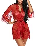 Ababoon Women's Kimonos Lingerie Robe Sheer Floral Lace Baby Dolls Sexy Mesh Nightgown with G-String
