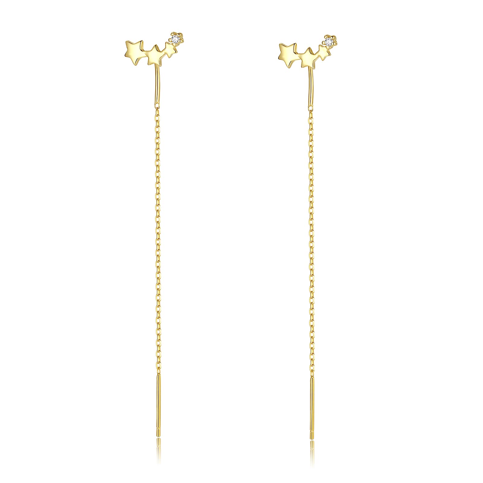 925 Sterling Silver Pull Through Earrings For Women Cubic Zirconia Star Dangle Threader Earrings Tassel Chain Ear Line 18k Gold Plated