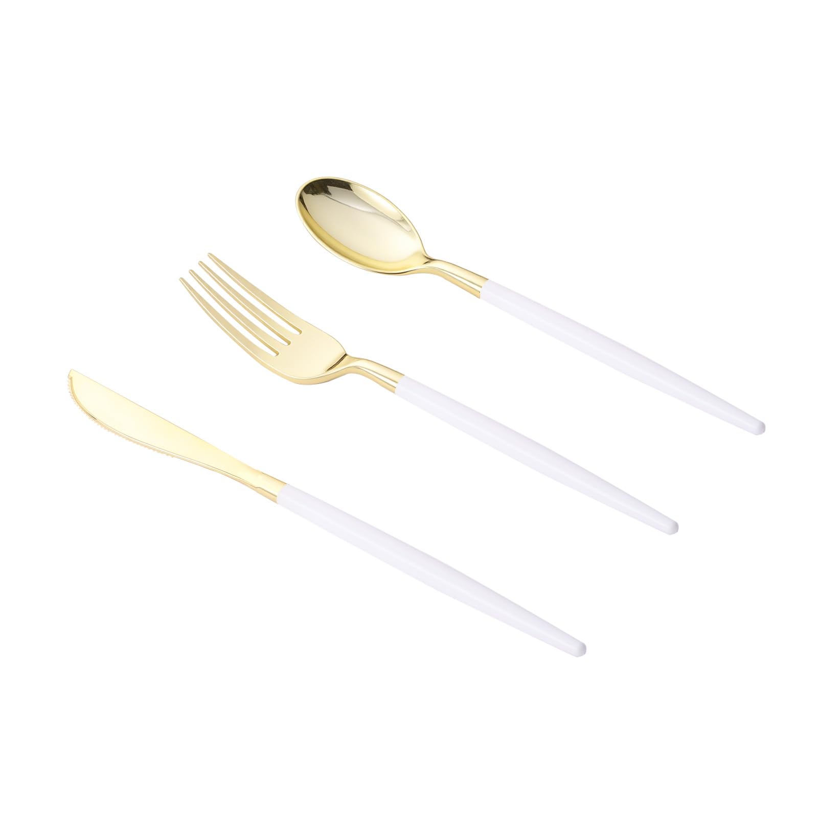 Photo 1 of Goodluck 150 PCS White Gold Plastic Silverware Set for 50 Guests,50 Knives, 50 Forks and 50 Spoons, Food-grade material free of BPA, Gold Plastic Cutlery Ideal for Weddings, Birthdays, Graduation