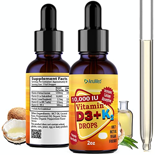 ANUMED Vitamin D3 + K2 10,000 IU Liquid Drops + Organic MCT Oil
