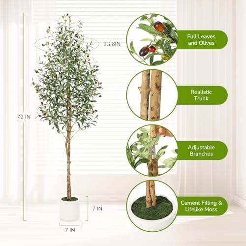 Garvee 180cm Artificial Olive Tree, Faux Plant with Natural Wood Trunks, 1152 UV-Resistant Silk Leaves, White Ceramic Pot with Weighted Base, Farmhouse Floor Decor for Living Room, Entryway, Office