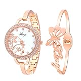 Xinge Womens Shell Dial Rose Gold Bangle Watch and Butterfly Bracelet Set 388-R