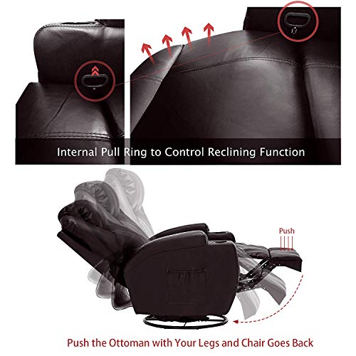 Windaze Manual Recliner Rocker Chair, 360 Degree Swivel Heated Recliner Bonded Leather Sofa Chair with Motors Massage,Brown