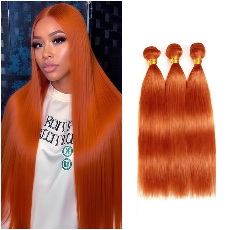 Photo 1 of KODRHAR Color 350 Straight Bundles Orange Human Hair Bundles Brazilian Virgin Weave Hairs Ginger Orange 3 Bundle 100 Gram Per Bundle Human Hair Extensions Double Weft Bundle 18 20 22 Inch