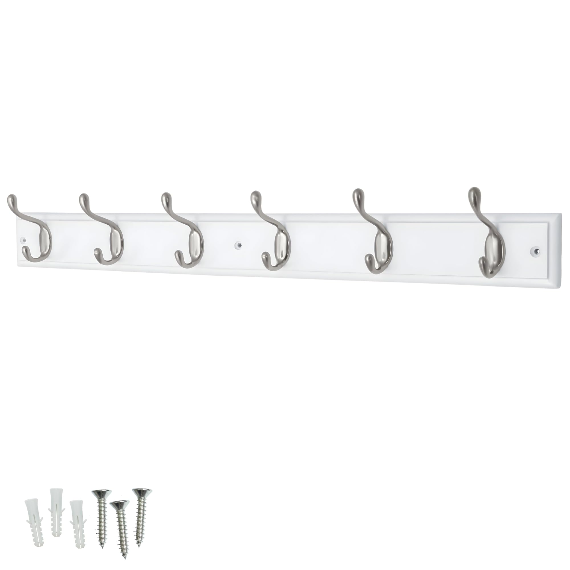 Keypak 6 Hook White Wooden Wall Mounted Coat Rack with 6 Satin Nickel Hooks - Heavy Duty Wooden Board for Coats, Hats, Bags, Tools Space Saving Wall Storage Organiser, Fixings Included