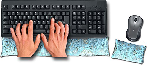 Handmade - Ergonomic Keyboard & Mouse Wrist Rest Pad Set - Flaxseed Fill - Colorful Satin Brocade & Crushed Velvet - Lavender Scented - Blue Lagoon - TWRL/TMPL-BL