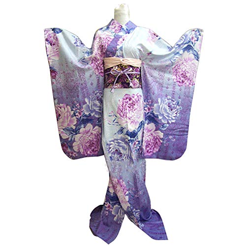 Japanese Geisha Traditional Women Blue Floral Furisode Kimono Cosplay Costume