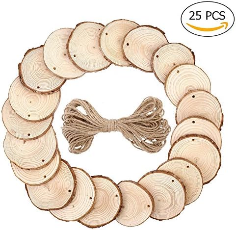 Unfinished Predrilled Round Wood Slices with 33 Feet Natural Jute Rope for Christmas Ornaments Home Decorations and Crafts Projects