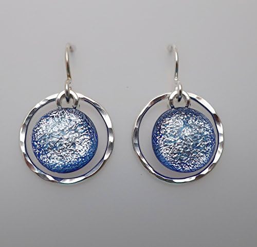 Sterling silver hammered hoops fused translucent silver cobalt blue dichroic glass earrings