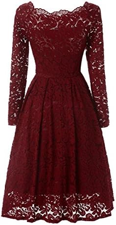 BAIMIL Womens Sexy Long Sleeve Lace Swing Dress Cocktail Party Dress Dark Red S