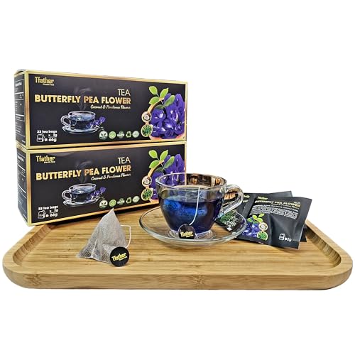 TFATHER – 33 BUTTERFLY PEA FLOWER TEA BAGS WITH DIPPING STRING – BUTTERFLY PEA, COCONUT & PANDANUS ORIGINAL FLAVOR – NO CAFFEINE, NO SUGAR, NO GLUTEN, NON GMO, VEGAN & NATURAL, PURPLE BLUE
