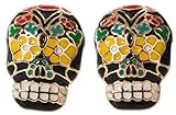 Artisan Owl - Black and Goldtone Sugar Skull Stud Earrings