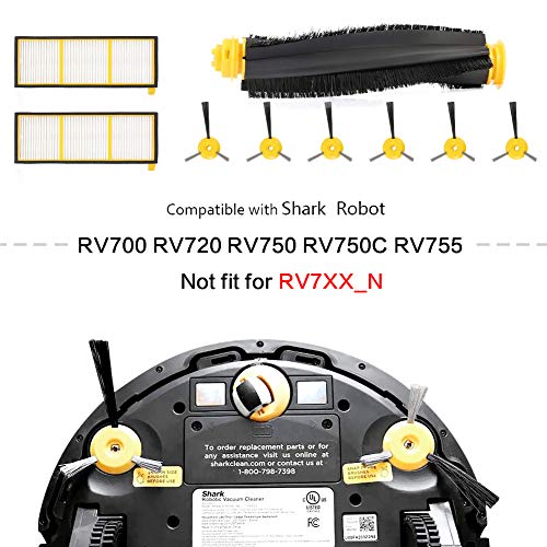 SUNTARY Replacement Accessories for Shark ION Robot RV750 RV750C RV755 RV720 RV700 Vacuum Cleaner, (NOT Fit RV7XX_N), 1 Main Brushroll +2 Filter + 6 Side Brush + 1 Cleaning Tool, 10 Packs Spares Parts