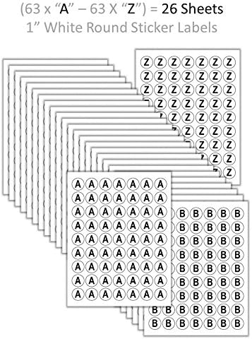 63 x (A - Z) Alphabet Letters in Upper Case: on 1.0" Round Sticker Labels - White Matte Finish (A to Z: Upper Case)