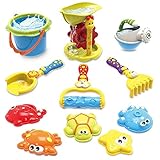 Growthpic Kids Beach Sand Toy Set with Bucket, Sand Wheel, Watering Can, Shovel, Rake, Rolling Rake and 5 Sea Creatures Molds and Sand Tool Play Set for Babies and Toddlers