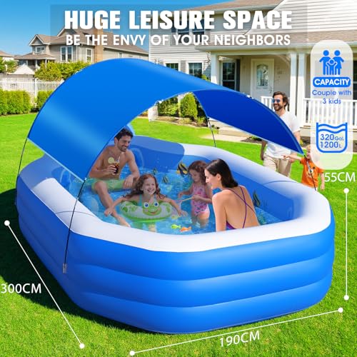 ChlorBlu Piscine Gonflable avec Auvent, 300x190x55cm Grande Piscine Gonflable Adultes, Piscine Rectangulaire Résistantes avec Sièges, Piscine Familiale pour Jardin, Swimming Pool pour Extérieur