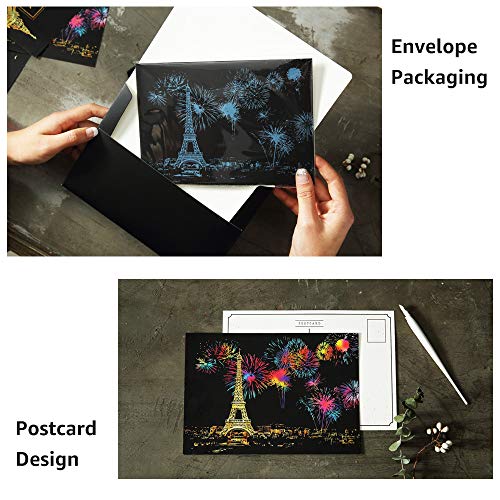 Scratch Art Paper, Rainbow Night View Scratchboard Pads for Adults and Kids, Mini Envelope Postcard Art & Crafts Set: 12 Sheets Scratch Cards & Scratch Drawing Pen, Clean Brush 7.9"x5.5" (City Living)