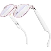 Harlafou Bluetooth Audio Smart Glasses, Smart Wireless Headphone Sunglasses for Men and Women,Built-in Mic & Speakers,Magnetic Charging (White-Pink)