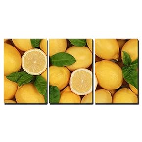 3 Piece Canvas Wall Art - Group of Fresh Lemons with Leaves and Sliced Lemons Forming a Background - Modern Home Art Stretched and Framed Ready to Hang - 16"x24"x3 Panels