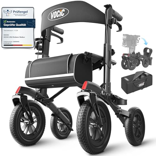 VOCIC Rollator Faltbar und Leicht mit Sitz,Outdoor Rollator mit Gummi-Nonluftbereifung für Allen Gelände,Aluminium Höhenverstellbare Rollatoren für Dr