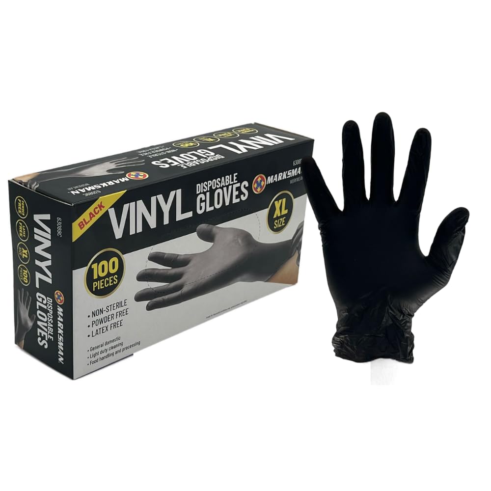 Marksman Black Vinyl Disposable Gloves Powder Free, Non-Sterile, Latex Free 100 pieces (Extra Large)