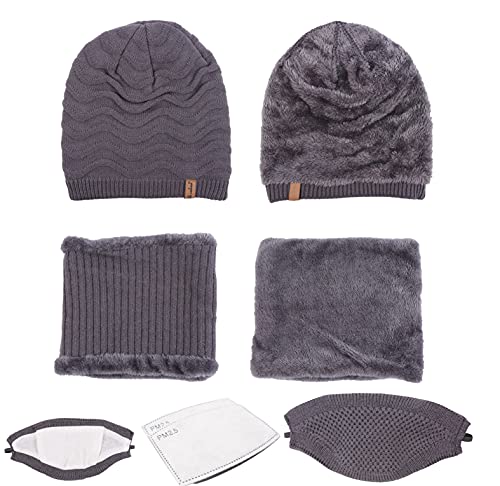 Winter Hat Outdoor Wind Proof 3pcs Unisex Knit Hat Skull Cap Knit Slouchy Beanie Wool Hat Ski Hat with Neck Warmer Scarf, Cloth Mask and Pocket Filter (Cap Grey)