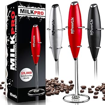 PowerLix Milk Frother Handheld Battery Operated Electric Foam Maker For Coffee, Latte, Cappuccino, Hot Chocolate, Durable Drink Mixer With Stainless Steel Whisk, Stainless Steel Stand Include (Red)