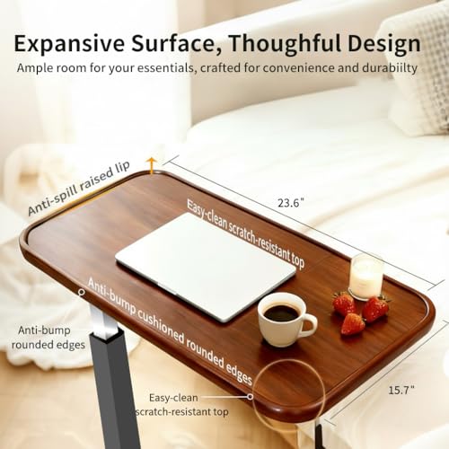 Adjustable Overbed Table with Wheels, Pneumatic Height Lift Rolling Bedside Table, Standing Desk for Home & Office Use, Ideal for Seniors & Limited Mobility(Walnut Brown)