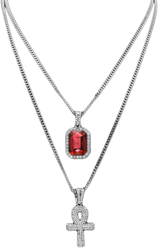 2 Pcs Unisex Rapper Chains Rhinestone Iced Out Hip Hop Gemstone Necklace Set