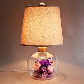 玫瑰永生花干花玻璃床头台灯亚麻灯罩 紫色永生花遥控开关 Amazon Co Uk Lighting
