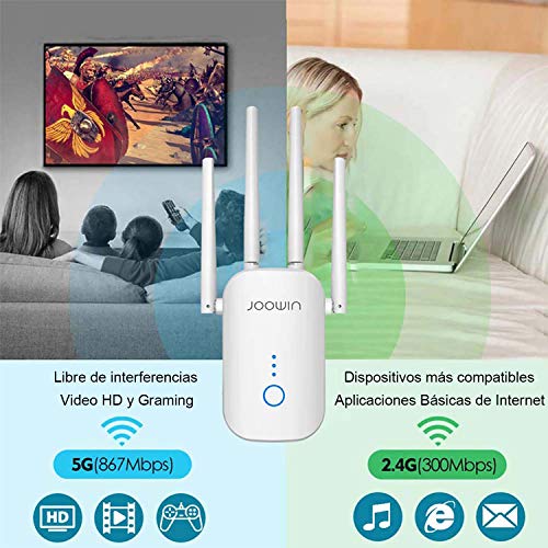 JOOWIN-Repetidor-WiFi-1200Mbps-Amplificador-Senal-WiFi-Banda-Dual-24GHz-y-5GHz-Extensor-de-Red-WiFi-Enrutador-Inalambrico-Punto-Acceso-3-Modos-4-Antenas-Puerto-LANWAN