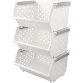 Innouse 3 Pack Large Stackable Storage Bins Kitchen Plastic Stacking Basket | White, Open Front Storage Baskets
