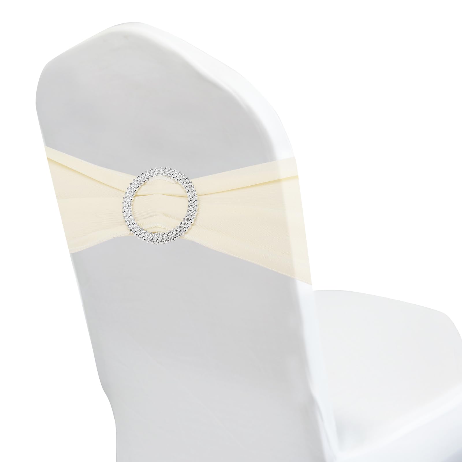 PATIKIL Chair Bows Sash, 50 Pcs Stretch Chair Cover Band Elastic Chair Tie with Silver Buckle Slider for Party Wedding Banquet Decoration, Cream Color