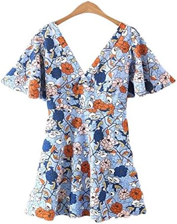 Lin Ya Tou Women Sexy Backless V Neck Floral Dress Pleated Ladies Summer Mini Dress As Picture L