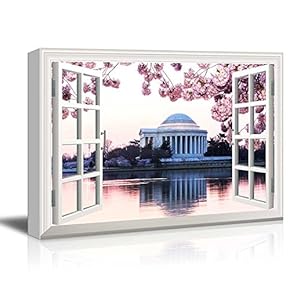 Window View Canvas Wall Art - White Building and Cherry Blossom - Giclee Print Gallery Wrap Modern Home Art Ready to Hang - 12x18 inches