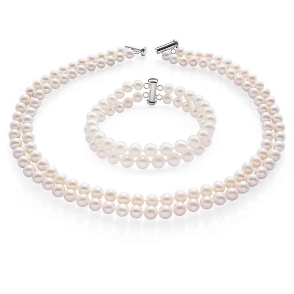 Treasure Bay Two Row AA Grade 7-8mm Freshwater Cultured Pearl Necklace Bracelet Women Pearl set (White)