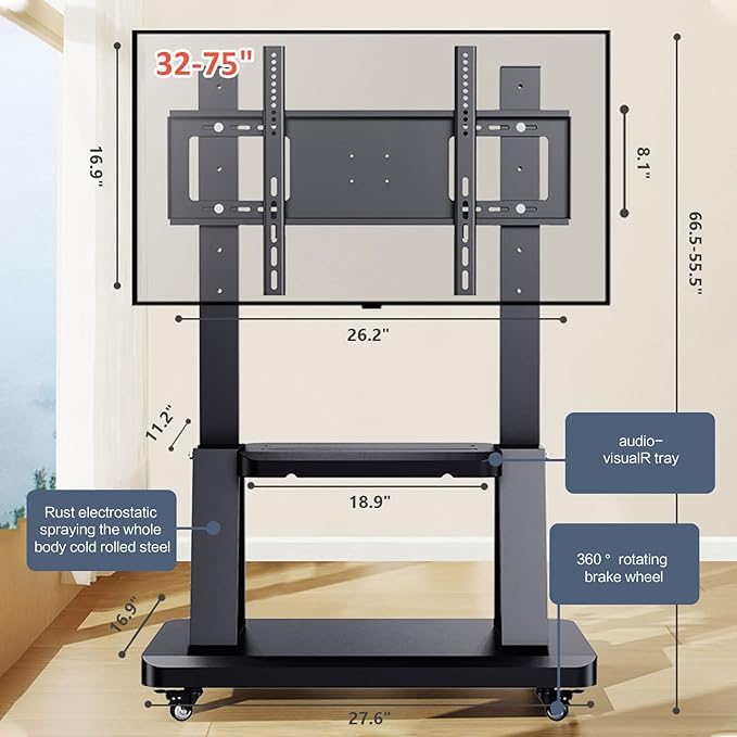 Mobile TV Stand Rolling TVs Cart for 32-75 Inch, Height Adjustable Floor TV Stand, LCD LED Flat Panel Curved Screen, with Wheels as a Movable Portable TV Stand, Max VESA 600x400mm