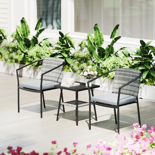 Outsunny 3 Piece Wicker Patio Furniture Set, PE Rattan Bistro Set with Armchairs, 2-Tier Glass-Top Table, Cushions, Outdoor Conversation Furniture for Porch, Balcony, Dark Grey