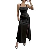 Milumia Women's Elegant Satin Halter Maxi Dress Ruched Sleeveless High Slit Cocktail Party Dresses