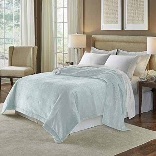SoftHeat by Perfect Fit | Luxurious Velvet Plush Heated Electric Warming Blanket with Safe & Warm Low-Voltage Technology (Queen, Seaside Blue) - Thumbnail 4