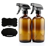 16-Ounce Amber Glass Spray Bottles w/Reusable Chalk Labels (2 Pack), Heavy Duty Mist & Stream 3-Setting Sprayer; Great for Essential Oils