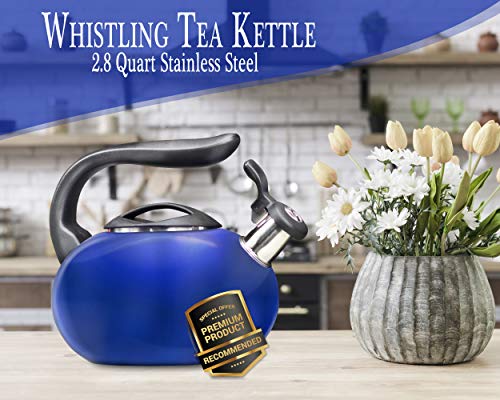 2.8 Quart Tea Kettle, Food Grade Tea Kettles Stovetop, Whistling Tea Pots for Stove Top, Anti-Rust Stainless Steel Water Kettle with Thumb Press Cover and Lid, 12 Cup Blue Tea Kettle Pot