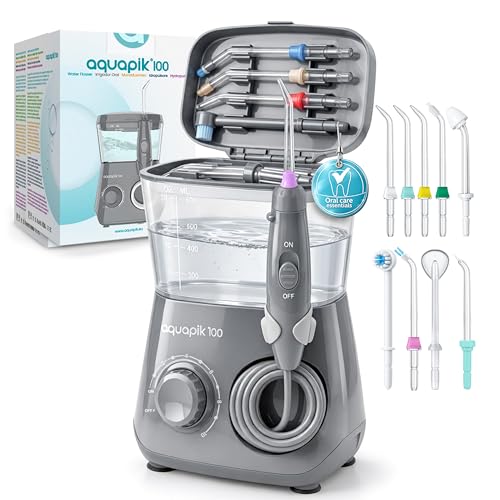Aquapik 100 professionelle Munddusche mit 600-ml-Wassertank, 10 Druckstufen und 8 Aufsätzen, für Zahnspangen, Implantate, empfindliches Zahnfleisch un