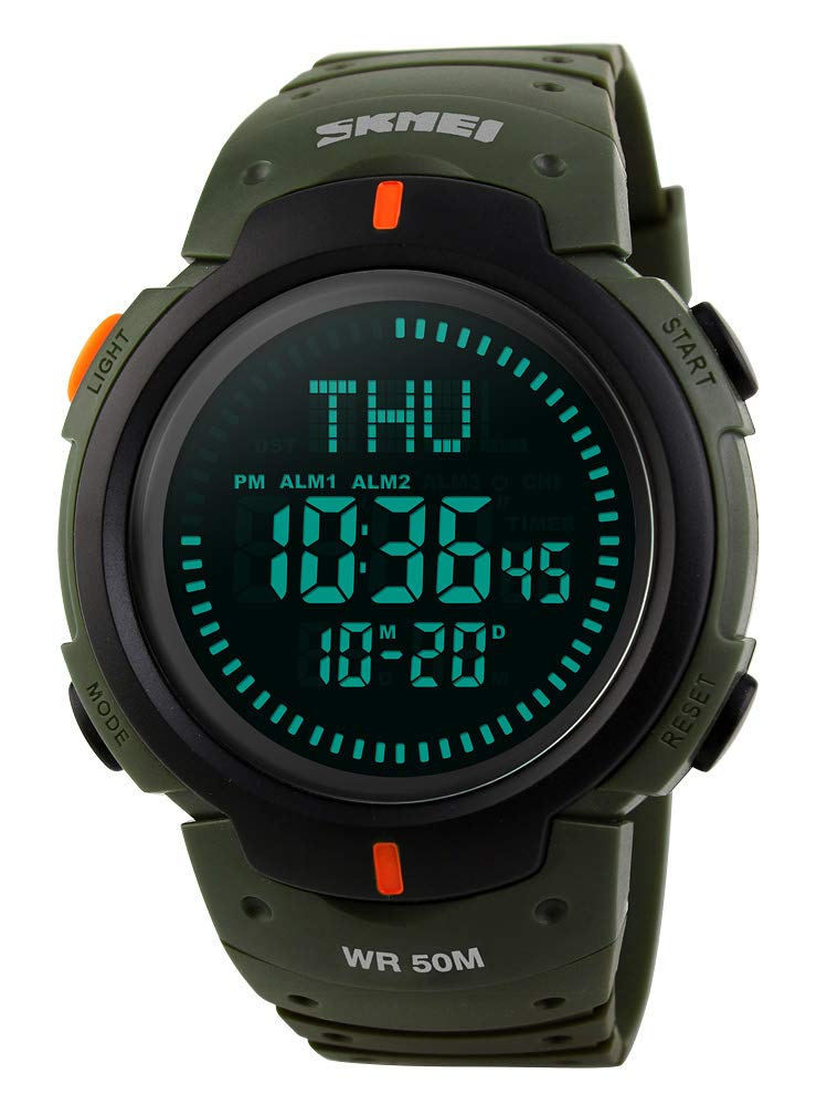 Men’s Military Sports Digital Watch with Survival Compass 50M Waterproof Countdown 3 Alarm Stopwatch (C-Black) (Army Green)