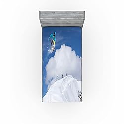 Ambesonne Winter Fitted Sheet, Flying Snowboarder