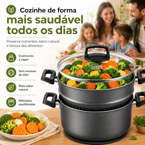 Cuscuzeira Antiaderente MTA Cristal 20cm 3,2L + Base de Silicone | Panela a Vapor para Legumes, Peixes, Vegetais e Cuscuz | Tampa de Vidro