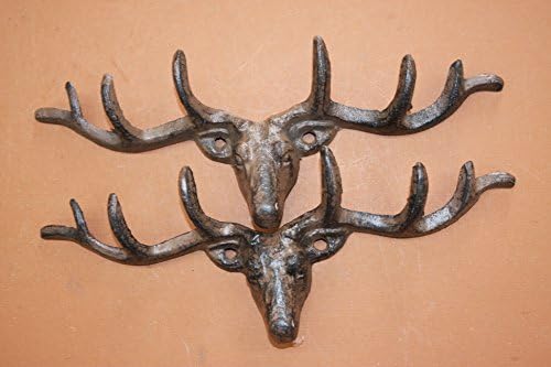 Rustic Cast Iron Deer Hunter Antler Design Coat Rack Wall Mounted, Set of 2, W-73